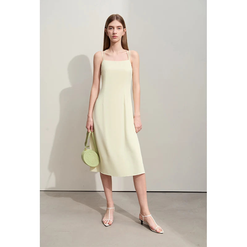 AmiiI Minimalism Halter Dresses for Women 2026 Summer New Solid Slim Fine Twill Woven Cross A-Line Casual Strap Dress 12422043