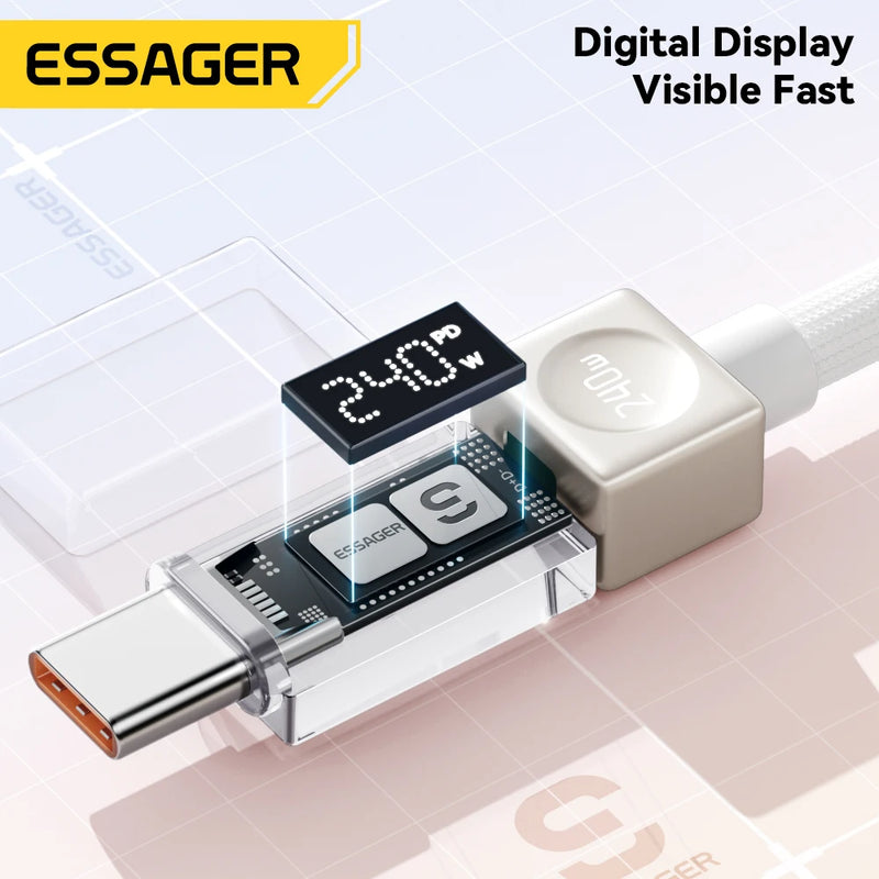 Essager 240W Type C to Type C Cable PD3.1 Digital Display Fast Charging USB C Cable for Macbook iPhone 17 16 15 Samsung Xiaomi