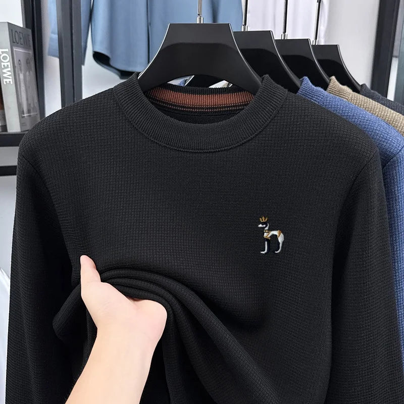 Hot Quality Men Long-Sleeved Knitwear Mock Neck Fleece-Lined Thickened Puppy Embroidery Spring New Pullover Trend Men's Clothing