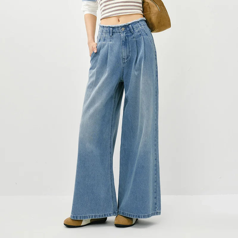 Semir Stylish Jeans Women 2026 Spring Raw Hem High Waist Wide Leg Floor Length Leg Lengthening Fashion Trousers