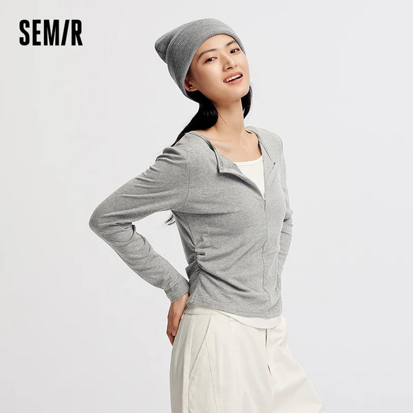 អាវយឺត Semir សម្រាប់នារី សាច់ស្អាត ដៃវែង ស្លីម ម៉ូតពីរដុំ រចនាបថសាមញ្ញ ទម្ងន់ស្រាល ទាន់សម័យ ជារៀងរាល់ថ្ងៃ
