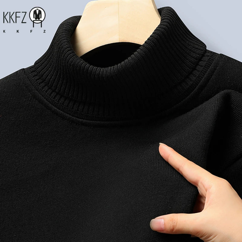 Stretch Knitted Turtleneck Top For Males Full Fleece Lining Thermal Warm Pullover Long Sleeve Casual Street Outfit