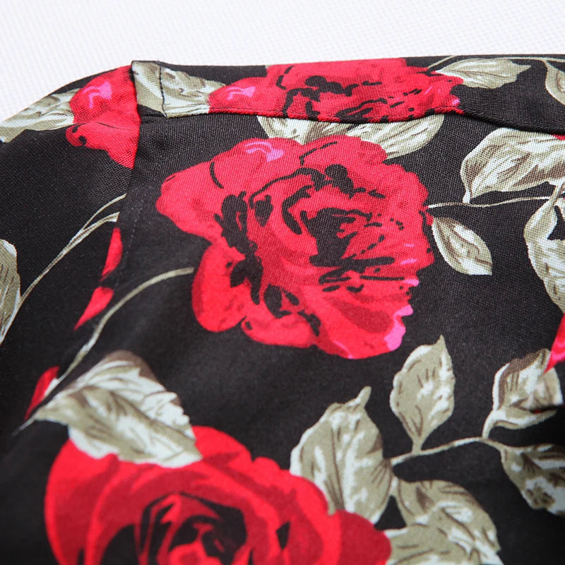 2026 New Men's Black-Red Rose Printed Cotton Shirt, Square Collar Long Sleeve Shirts, White Fashion Tops Camisa/ Chemise