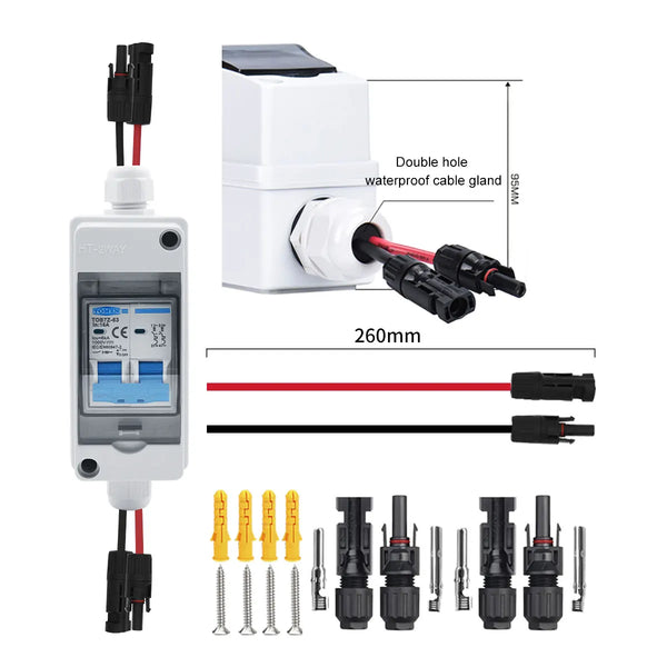 1PCS TOMZN Solar Photovoltaic PV Combiner Box with Circuit Breaker HT 2ways 1 Input 1 Out DC with Matching Wires Waterproof Box