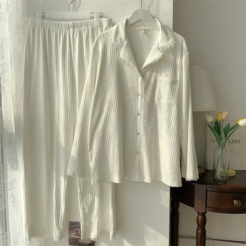 High Quality Korean White Pajamas For Women Sweet Lace Cotton Sleepwear Set Long Sleeve Spring Autumn Home Wear Pijamas Suit