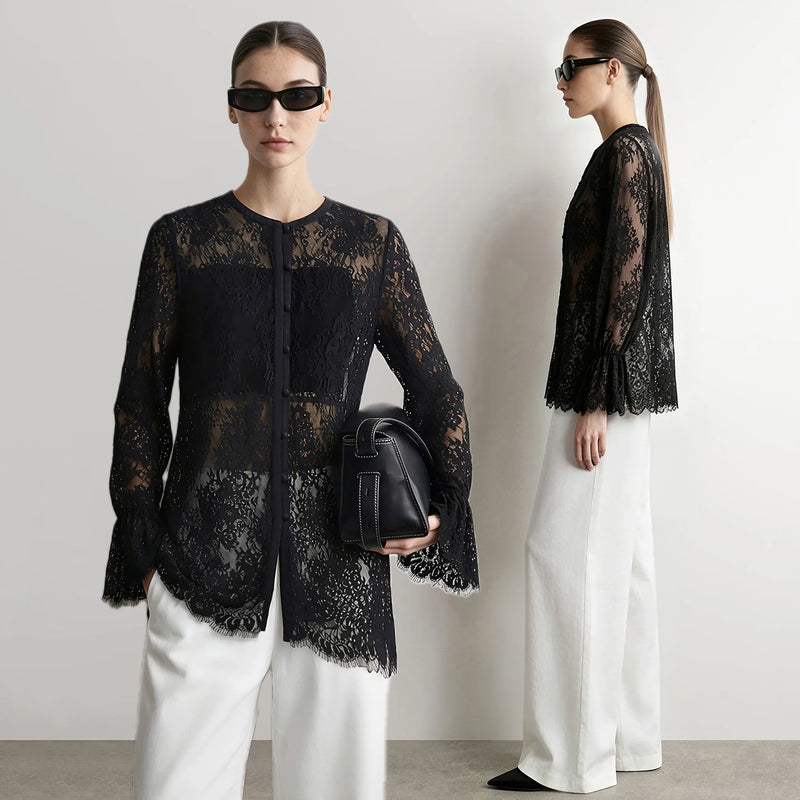 Amii Lace Women's Blouse 2026 Autumn Crew Neck Sheer Long Sleeve Tops For Woman Lightweight Breathable Vacation Shirt 12643002
