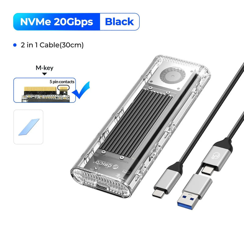 ORICO 20Gbps M.2 NVME SSD Case Enclosure with Cooling Fan USB 3.2 Gen 2 x 2 PCIE NVME Adapter Tool Free 4TB for PCIe M Key