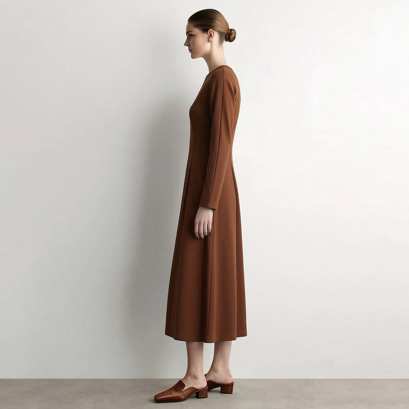 Amii Slim Dress Woman 2026 Autumn New O-Neck Stretch Long Sleeve Midi Dress Elegant Waist Cinched Casual Woman Clothes 12623013