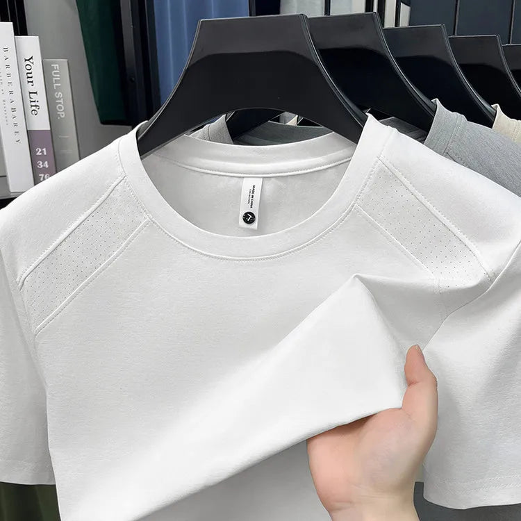 Quick-Dry T-Shirt with Laser Perforated & Mesh Panel Design, Crew Neck Short Sleeve, Breathable Antibacterial Cooling Casual