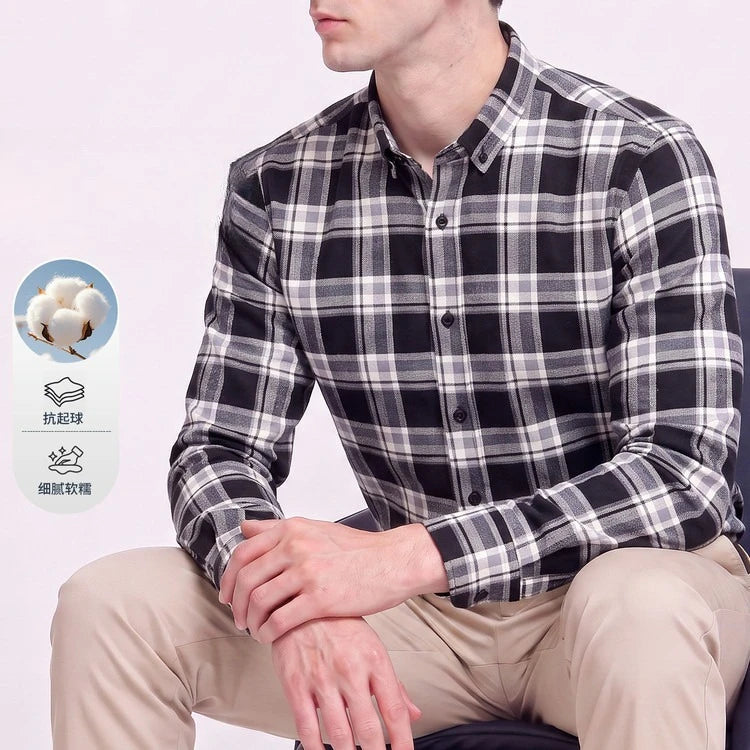 Men's 100% Cotton Brushed Plaid Long Sleeve Shirt – Soft Flannel Casual Button-Down for Outdoor & Daily Wear
