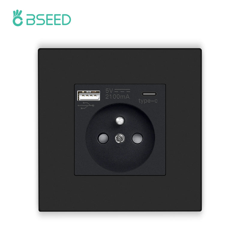 BSEED French Wall Power Socket Dual USB Type-C Charging Interface for Phone/PC Plastic Frame French Electric Outlet 250V