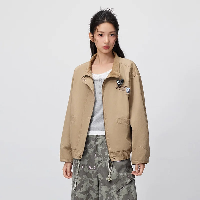 Semir Women Jacket Embroidery Patchwork Stand Collar Brooch Detail Loose Retro Casual Autumn Outerwear Daily Wear 2026