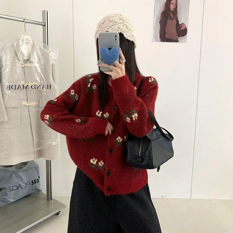 Korean Retro Small Floral Lazy Wind Top Female Niche Versatile Sweater Cardigan Knitted Jacket for Women Clothes Short Coat