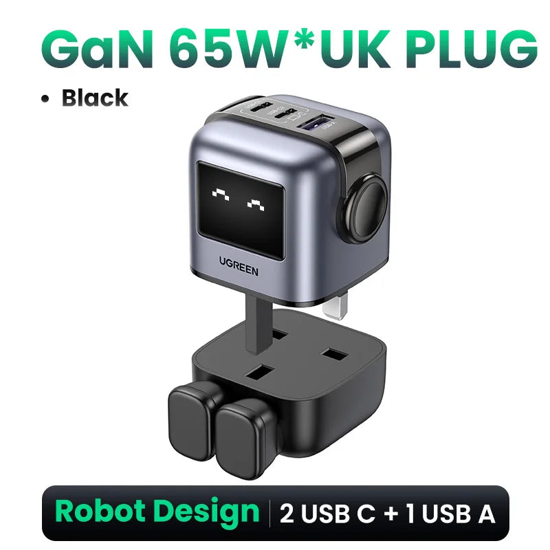 【UK Plug】UGREEN 65W GaN Charger Robot Design QC 4.0 3.0 PPS for iPhone 16 15 14 Pro Macbook Laptop Tablet PD 3.0 Fast Charger