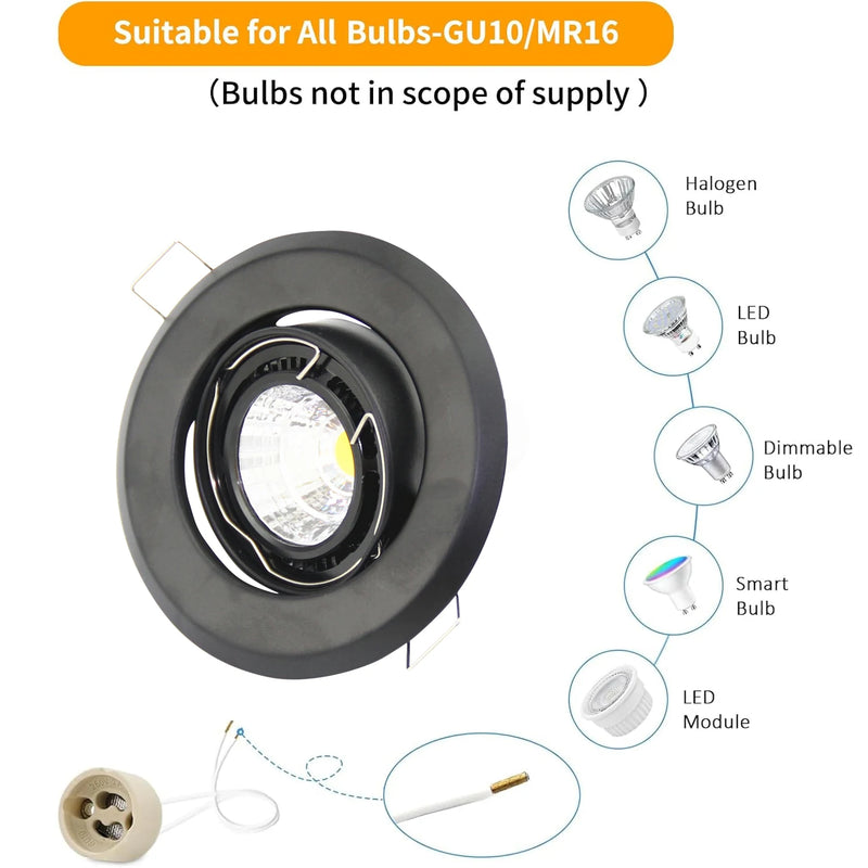 1/10PCS Black Round Metal LED Recessed Ceiling Light Frame Adjustable Downlight for GU10 MR16 Fitting Mounted Spotlights Fixture