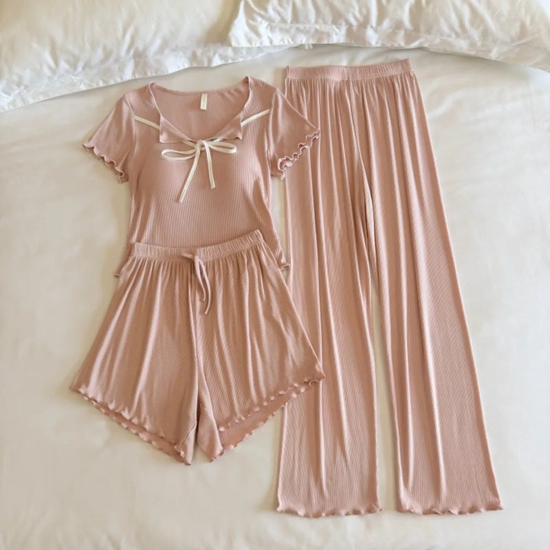 Casual 3 Piece Chest Pad Homewear Women's Summer Pajamas Short Sleeve Sleepwear Loungewear Set Solid Color Home Suit Pijama