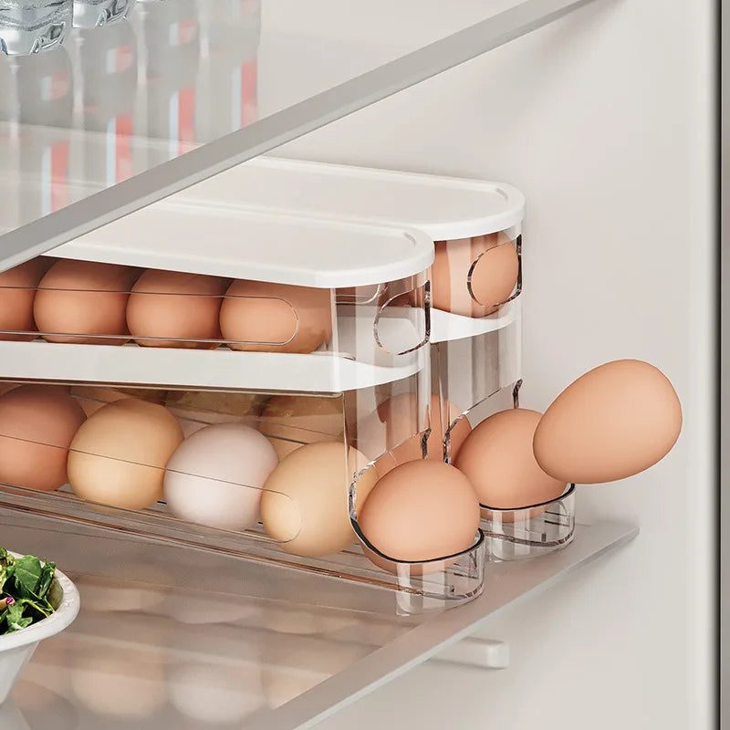 Auto-Rotating Clear Egg Holder | 2-Layer Fridge Organizer, Freshness PET/PP Storage | Space-Saving Kitchen Essentials | ប្រអប់ដាក់ពងទាថ្លាវិលស្វ័យប្រវត្តិ | ឧបករណ៍រៀបចំទូទឹកកក ២ ជាន់ អាហារដ្ឋានរក្សាភាពស្រស់ PET/PP | ឧបករណ៍ផ្ទះបាយសន្សំសំចៃលំហ