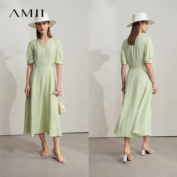 រ៉ូប AMII Minimalist ឆ្នាំ ២០២៥ រដូវក្តៅ មុខរបរ ការិយាល័យ ស្ត្រី ទីក្រុង ចង្កេះអក្សរសាស្ត្រ ស្ត្រី ក V Alien Buckle Linen Midi Dress 12522091