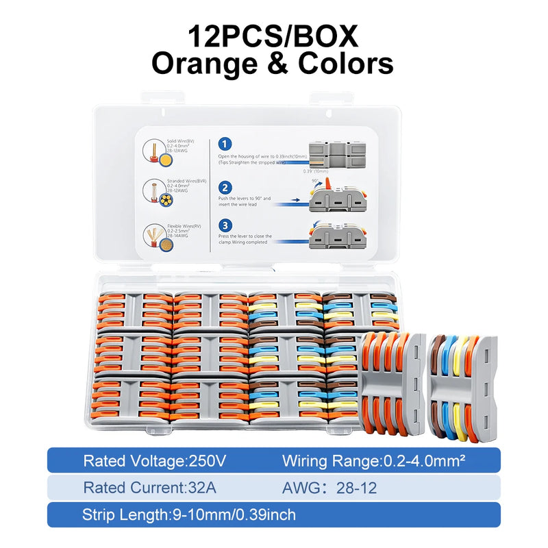 TOMZN 12PCS Lever Wire Connectors 4 In 4 Out Quick Splicing Terminal Blocks 32A 250V for 28-12AWG Solid Stranded Flexible Wires