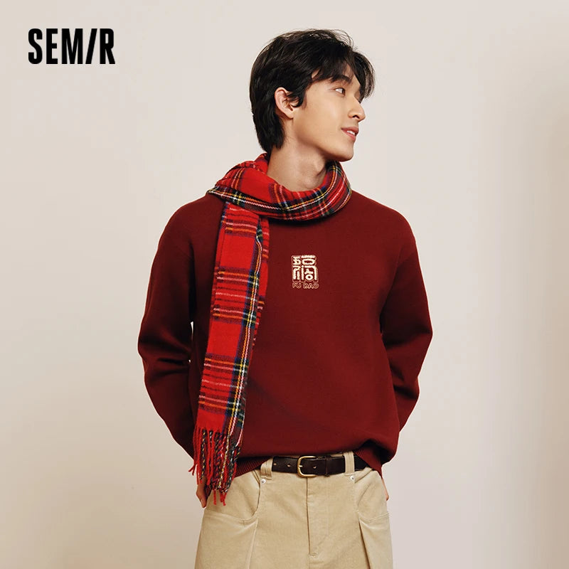 Semir Lucky Sweater Men Spring Five Blessings Pattern Crew Neck Slightly Loose Casual Versatile Knitwear Fashion Top