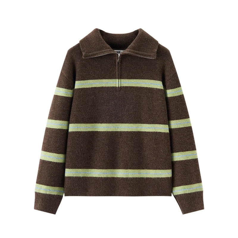 Semir Women Sweater Stripe Pattern Half Zip Loose Fit Retro Style Soft Touch 2026 Winter Layering Wear Warm Knit Everyday Style