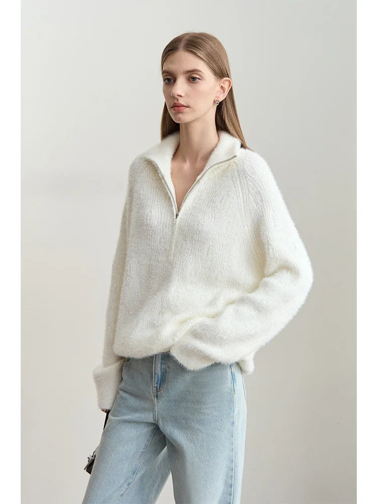 អាវយឺត Amii Turtleneck មានខ្សែរ៉ូត ពាក់កណ្ដាលបើក ធ្វើពីរោមចៀមសិប្បនិម្មិត ម្ជុល អាវក្រៅ 2025 រដូវរងា សម្រាប់នារី ដៃអាវរលុង 12444266