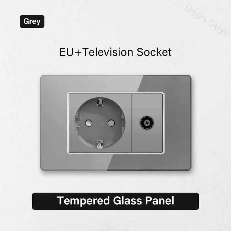 Type 118 Grey Tempered Glass Panel EU Wall Light Switch,Europe Wall Socket With USB Type-c 18W Quick Charge Outlet 118*75mm