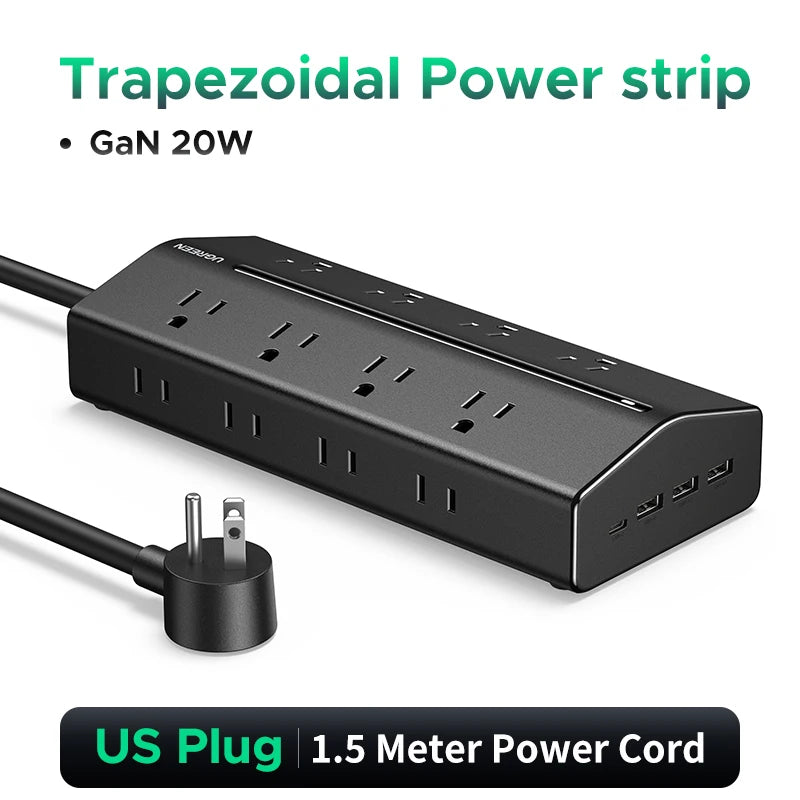 UGREEN 20W Power Strip Fast Charger 16 AC Outlets 1 USB-C 3 USB-A US Plug Extension Adapter For Tablet Phone Overload Protection