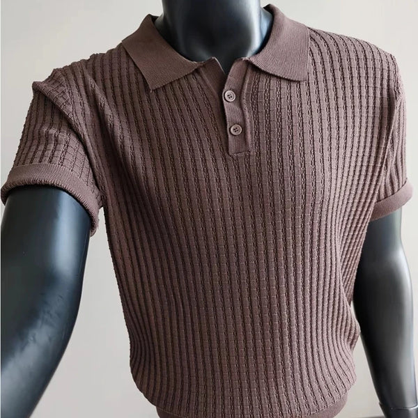 Men’s Short Sleeve Ribbed Knit Polo Shirt Solid Color Soft Breathable Classic Collar Casual Top Business Sports