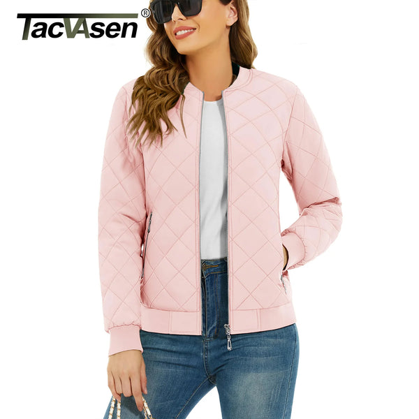 TACVASEN Women Casual Warm Diamond Quilted Jackets Jackets Full Zip Padded Classic Biker Jacket Winter Coats Streetwear Outwear