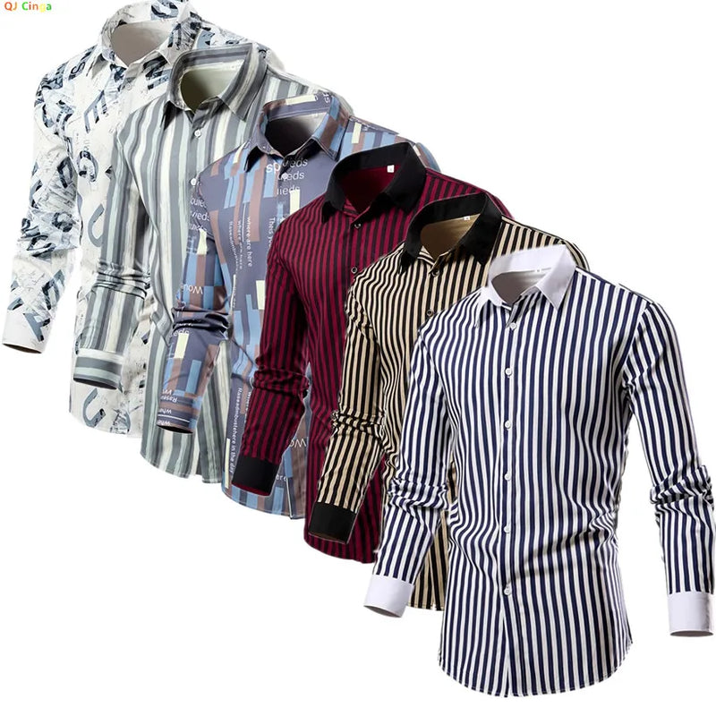 2026 Men's Classic Vertical Stripe Long Sleeve Shirt, Single Breasted Lapel Shirts, White Red Khaki Available, European Size