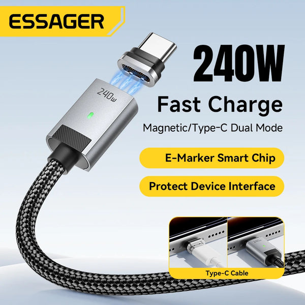 ខ្សែសាកម៉ាញេទិក Essager 240W E Marker USB C ទៅ Type C ខ្សែ PD3.1 សាកថ្មលឿនសម្រាប់ iPhone 17 16 Samsung S25 iPad កុំព្យូទ័រយួរដៃ