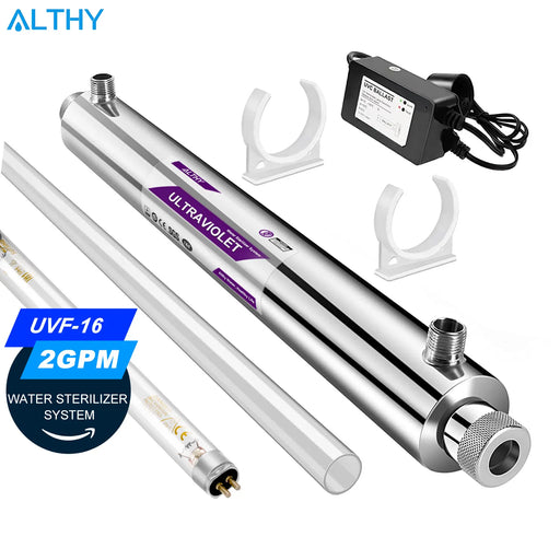 ALTHY Stainless Steel UV Ultraviolet Water Sterilizer Filter System Purifier Direct Drink Disinfection Tube Lamp 2GPM 16W