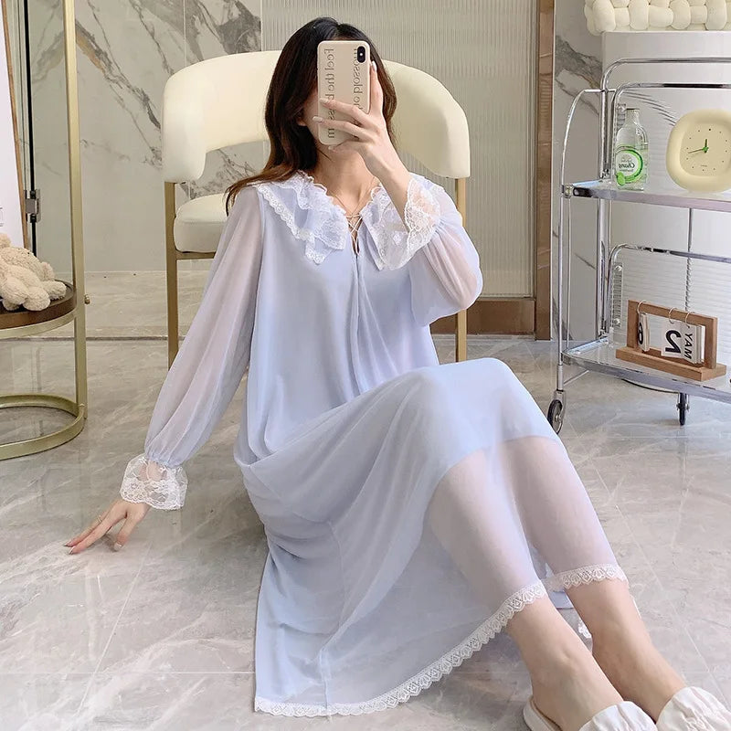 Court Princess Nightgowns Modal Spring Autumn Medium Long Pajamas Dress Lace Mesh Loungewear Nightdress Women Sleepwear