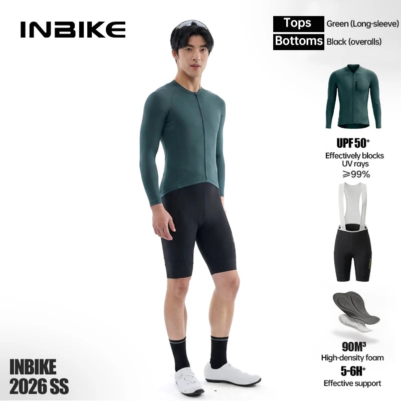 INBIKE Spring Men's Cycling Set Long Sleeve Road Bike Jersey Breathable Bib Shorts Quick-Dry Road Bike Clothing Man with Pockets