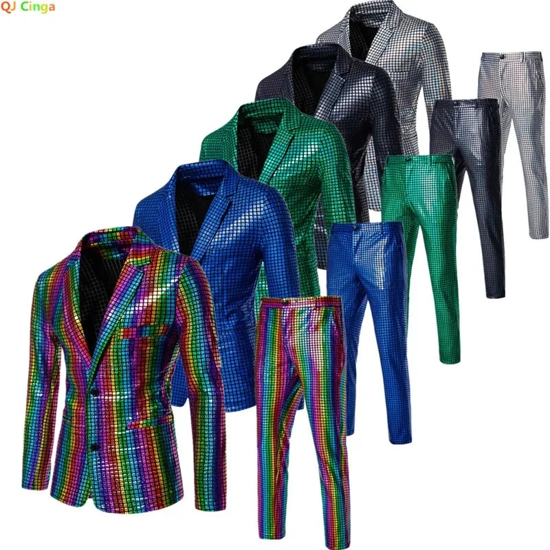 2026 Rainbow Color Men's Striped Suit Two-Piece, Fashion Suit Jacket and Pants, Green Silver Sets (Light Thin Stretch Fabrics)