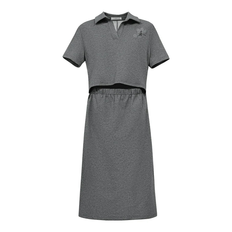 Amii Dress Woman 2026 Summer New Embroidered Lapel Collar Half Placket Elastic Waist Short Sleeve Midi Dress For Women 12642045