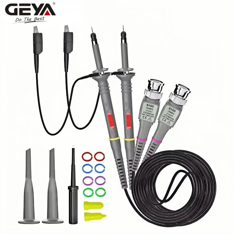អូស៊ីឡូស្កូប GEYA 2 ដុំ 100 MHz ឧបករណ៍ស៊ើបអង្កេត 1X/10X កុងតាក់បន្ថយសំឡេងដែលអាចលៃតម្រូវបាន ក្លីប BNC ខ្សែសាកល្បង វ៉ុលបញ្ចូល 10:1 ឧបករណ៍ស៊ើបអង្កេតវិសាលភាព