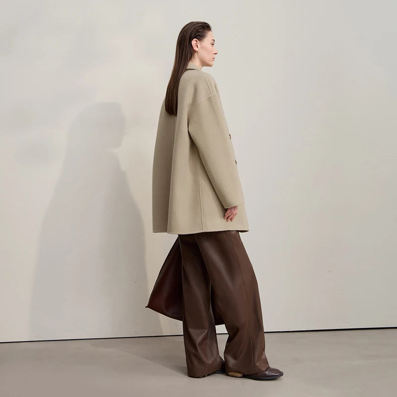 Amii Women's Coat 2026 Winter New Loose Double Breasted Versatile Women's Jacket Long Sleeves 100% Wool Overcoat Female 12524036