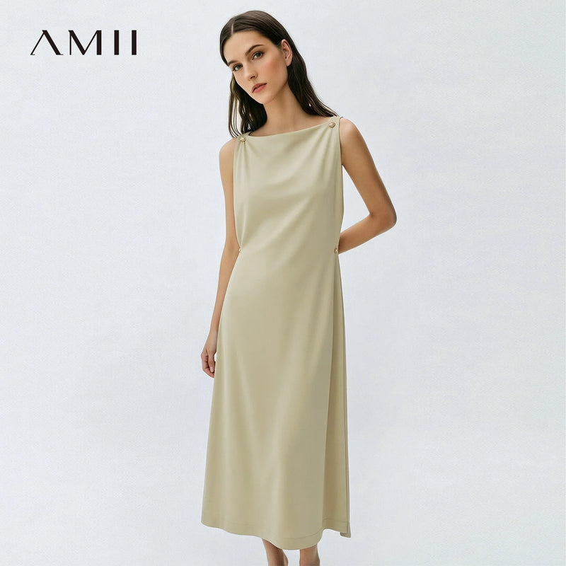 Amii Off Shoulder Women's Casual Dresses 2026 Summer New Metal Button Elegant Loose Fit Sleeveless Midi Women's Dress 12642112