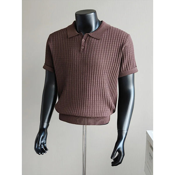 Men’s Short Sleeve Ribbed Knit Polo Shirt Solid Color Soft Breathable Classic Collar Casual Top Business Sports