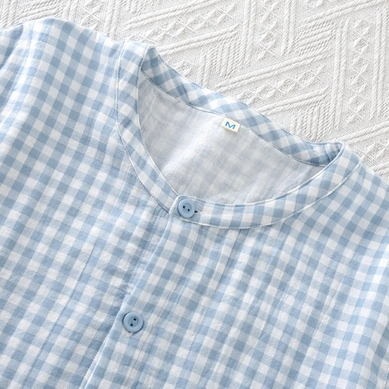 Thin Men Summer Pajama Short Sleeve Sleepwear Lounge Set New Plaid Pijamas for Men's Loungewear Button-Down Top Home Clothing