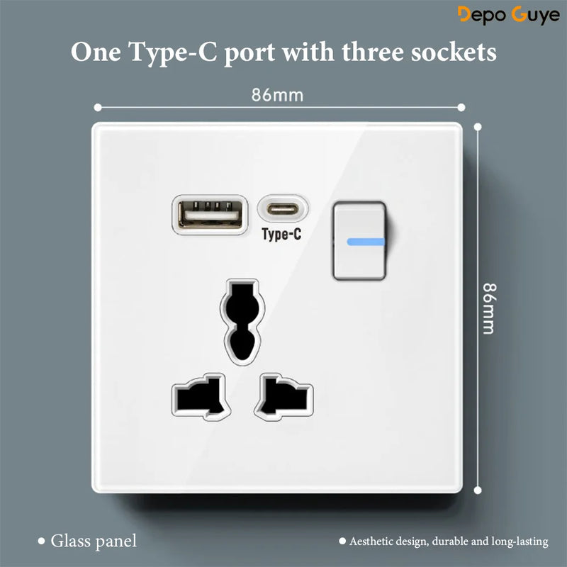 White UK 230V Tempered Glass Touch Light Switch Socket LED Wall Panel Smart Home Switches Socket Manufacturer Wholesale Supplier