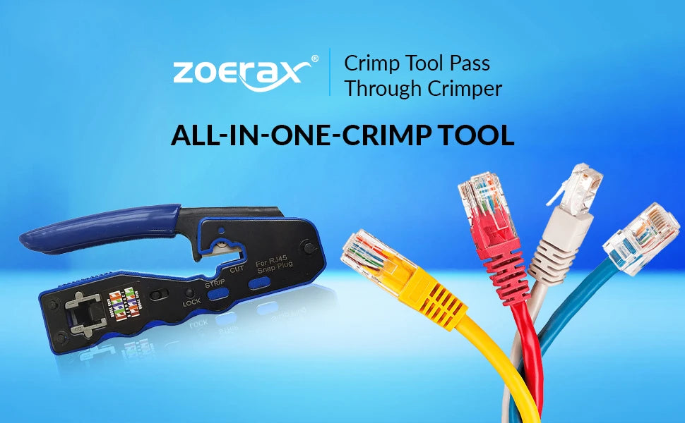 ZoeRax RJ45 Crimp Tool Pass Through Crimper Cutter for Cat6a Cat6 Cat5 Cat5e 8P8C Modular Connector Ethernet Crimp Tool