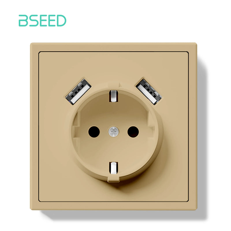 BSEED EU Standard Single Wall Socket Double USB Charge Port Wall Power Outlets Electric Plugs White Black Plastic Frame 16A