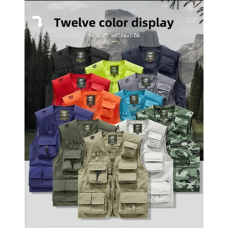 2025 Multi-Pocket Men's Casual Four-Season Outdoor Fishing Vest Photography Gear Clip-On Shoulder Jacket Thin Layer Hiking Vest