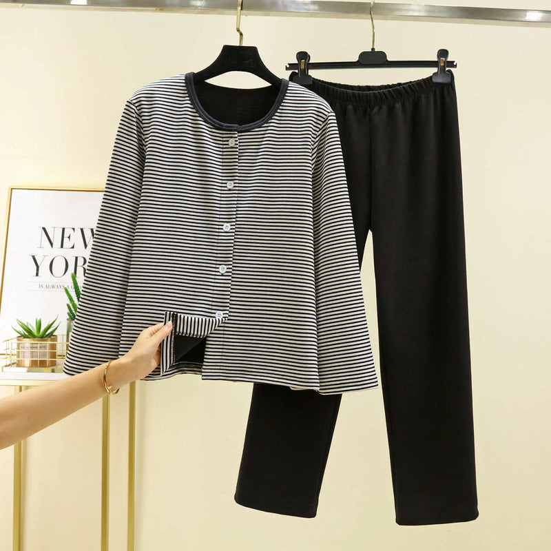 Winter Pajamas Set Fashion Striped Warm Sleepwear De Velvet Thicken Woman Pyjama Sets Home Wear Suit Fleece Pijama Mujer