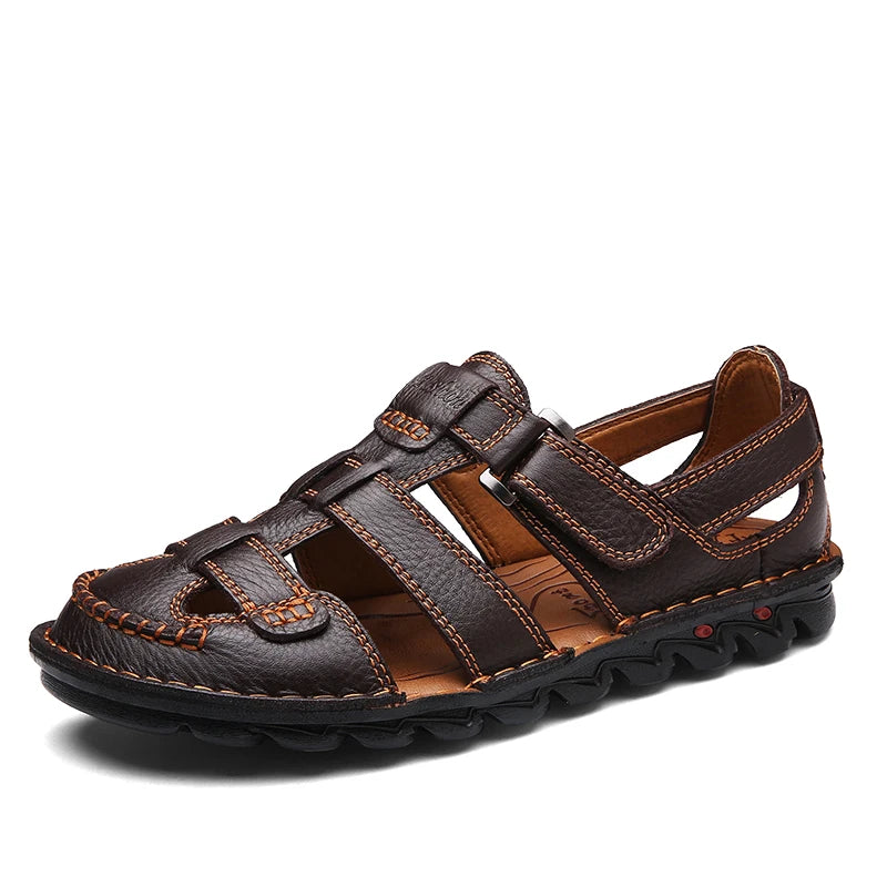 Summer Thick Sole Sandals Men Leather Toe Covered Sandals Black Brown Size 38-46 47 48 Dropshipping