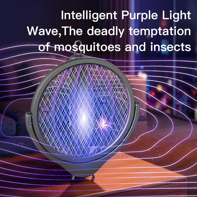 Electric Mosquito Swatter Retractable Rotatable Rechargeable with Purple Lure Light Suitable for Garden Camping Home