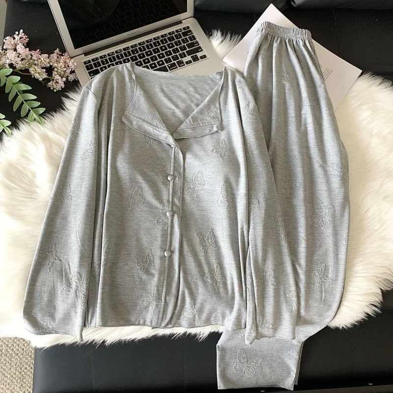 Women's Pajamas Set 2 Piece Chest Pads Sleepwear Casual Loungewear for Spring Autumn Long Sleeve Soft Home Wear Pyjama Femme